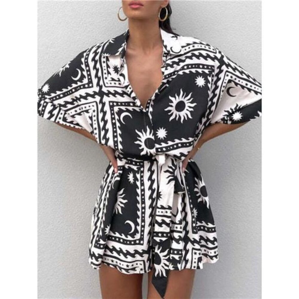 Printed Tie Waist Half Sleeve Romper
